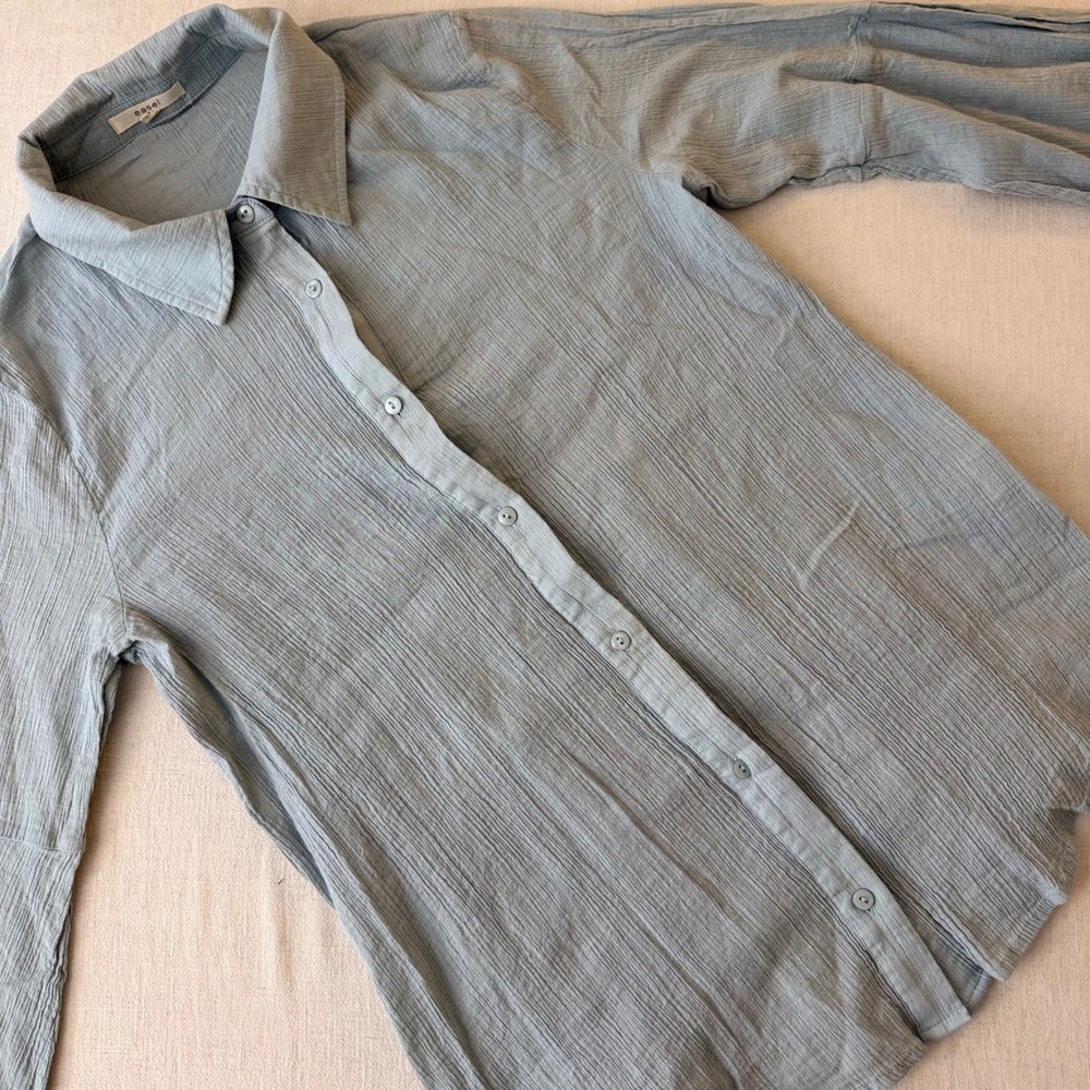 Easel Womens Small Blue Grey Crinkle Gauze Cotton Button Down Tie Sleeve Shirt - Picture 6 of 10